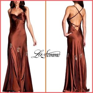 La Femme Copper Brown Satin Evening Gown with Embellished Skirt